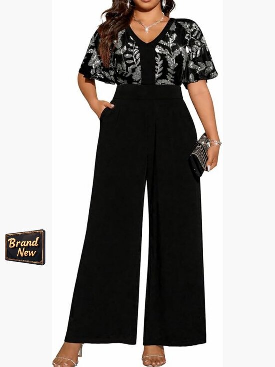Pants - Plus Size Sequin Velvet Jumpsuit with Flutter Sleeves and Pockets